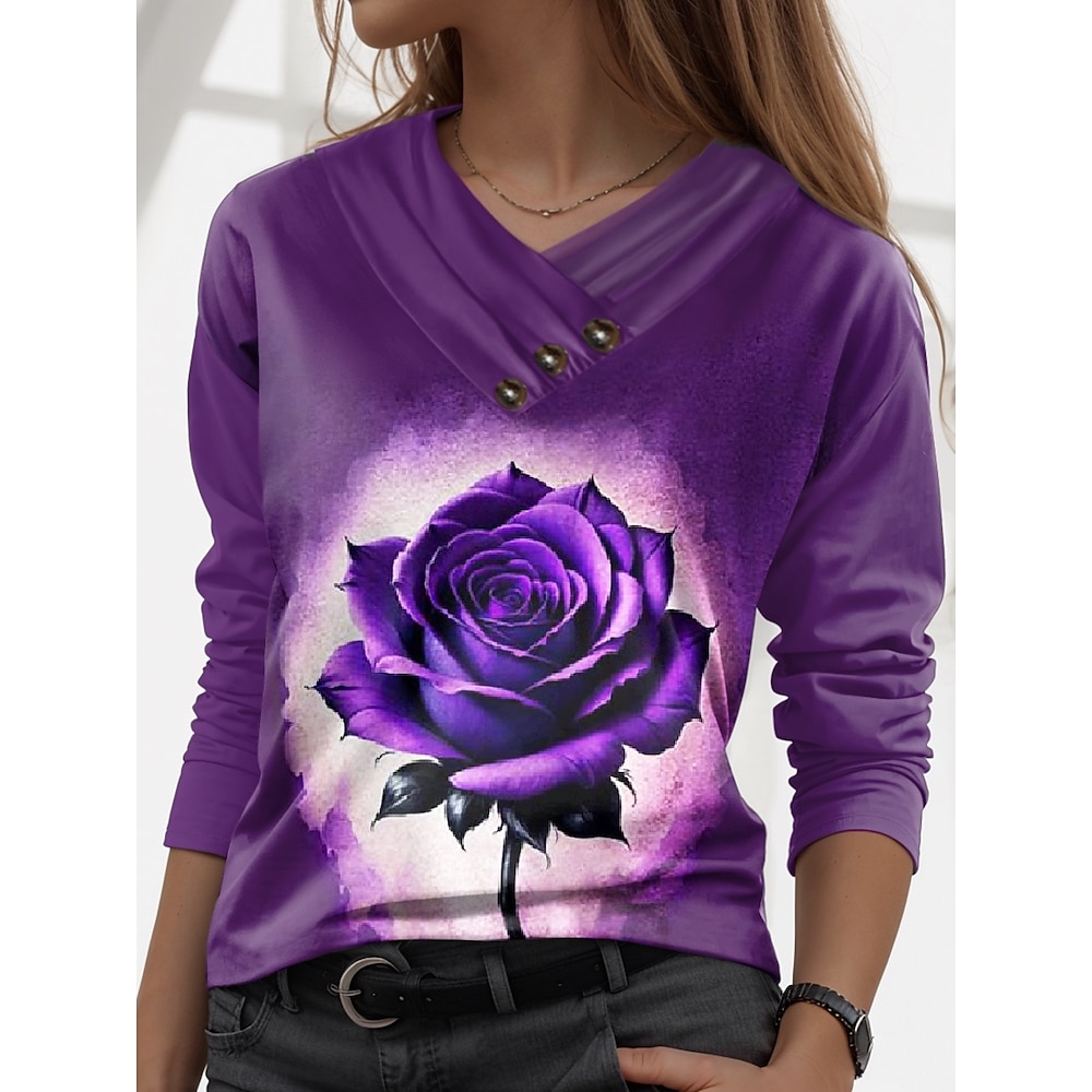 Damen T Shirt Stilvoll Brautkleider schlicht Rose Normale Oberteile Langarm V Ausschnitt Knopf Bedruckt Regular Fit Täglich Purpur Herbst Winter Lightinthebox