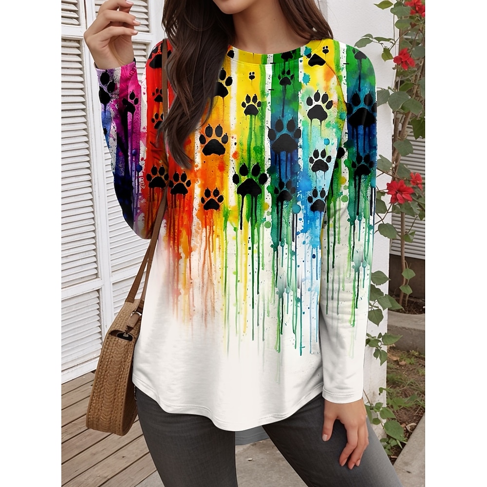 Damen T Shirt Brautkleider schlicht Bedruckt Langarm Lange Oberteile Rundhalsausschnitt Täglich Regenbogen Herbst Winter Lightinthebox