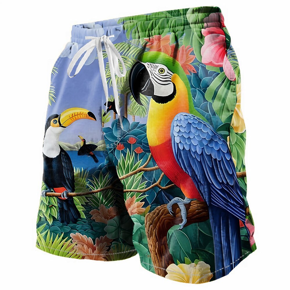 Herren Papagei Blumen Pflanzen Urwald Shorts Kurze Hosen Sommer-Shorts Strandshorts Kurze Hosen Mittlere Taillenlinie Tropisch Strassenmode Hawaiianisch Urlaub Täglich Festtage Kordelzug Elastische Lightinthebox