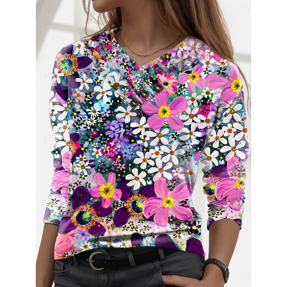 Damen T Shirt Stilvoll Brautkleider schlicht Blumen Normale Oberteile Langarm V Ausschnitt Knopf Bedruckt Regular Fit Täglich Regenbogen Herbst Winter Lightinthebox