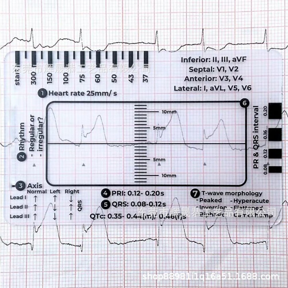 EKG-Lineal mit 7 Schritten, EKG-Lineal, Kunststoff-Lineal, Messwerkzeug, EKG-Lineal mit 7 Schritten zur EKG-/EKG-Interpretation, transparentes EKG-Messschieber-Messwerkzeug, folgen Sie einem Lightinthebox