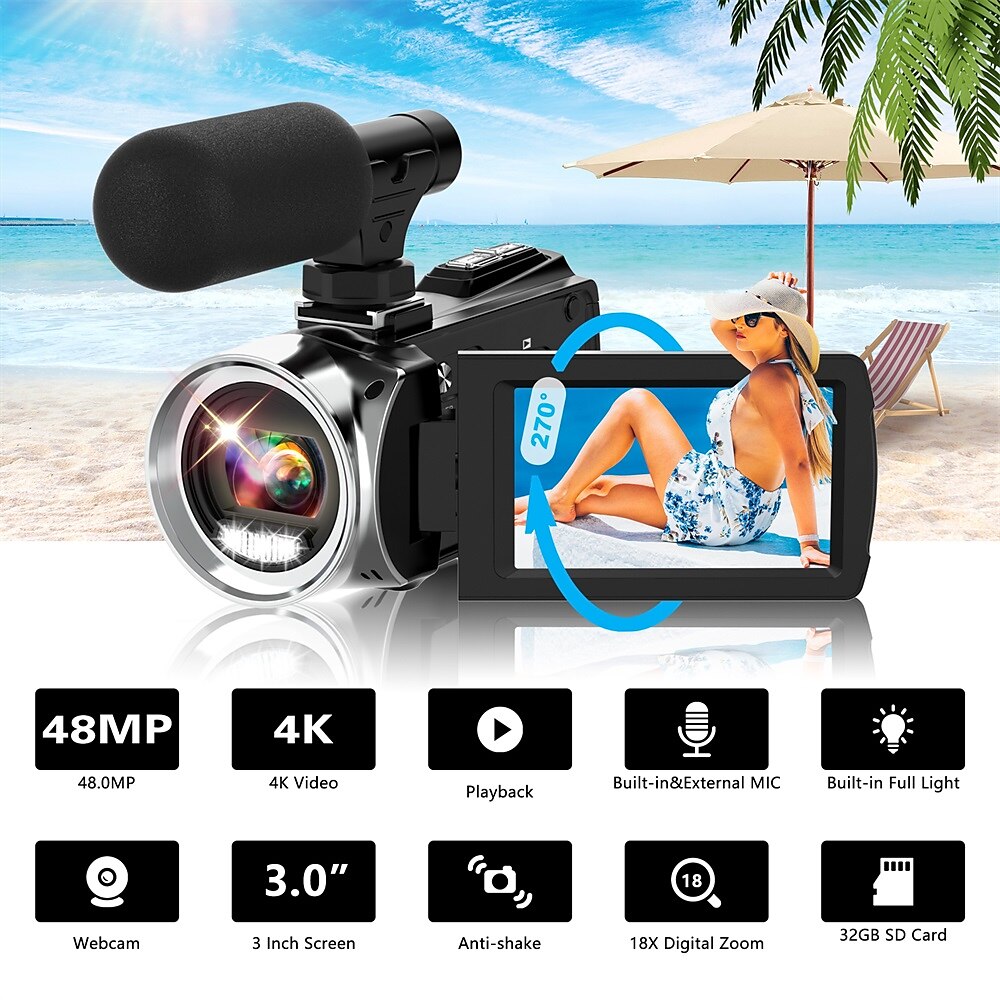 Videokamera Camcorder HD 4K 48MP Videorecorder-Kamera Vlogging-Kamera DV-Camcorder Videokamera Digitalzoom Lightinthebox