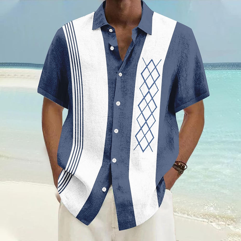 Herren Geometrisch Lässiges Hemd Bowling-Shirt Kurzarm Brautkleider schlicht Urlaub Casual Sommer Frühling Umlegekragen Knopf hoch Hellblau Gelb Grün Dunkelblau Grau Lightinthebox