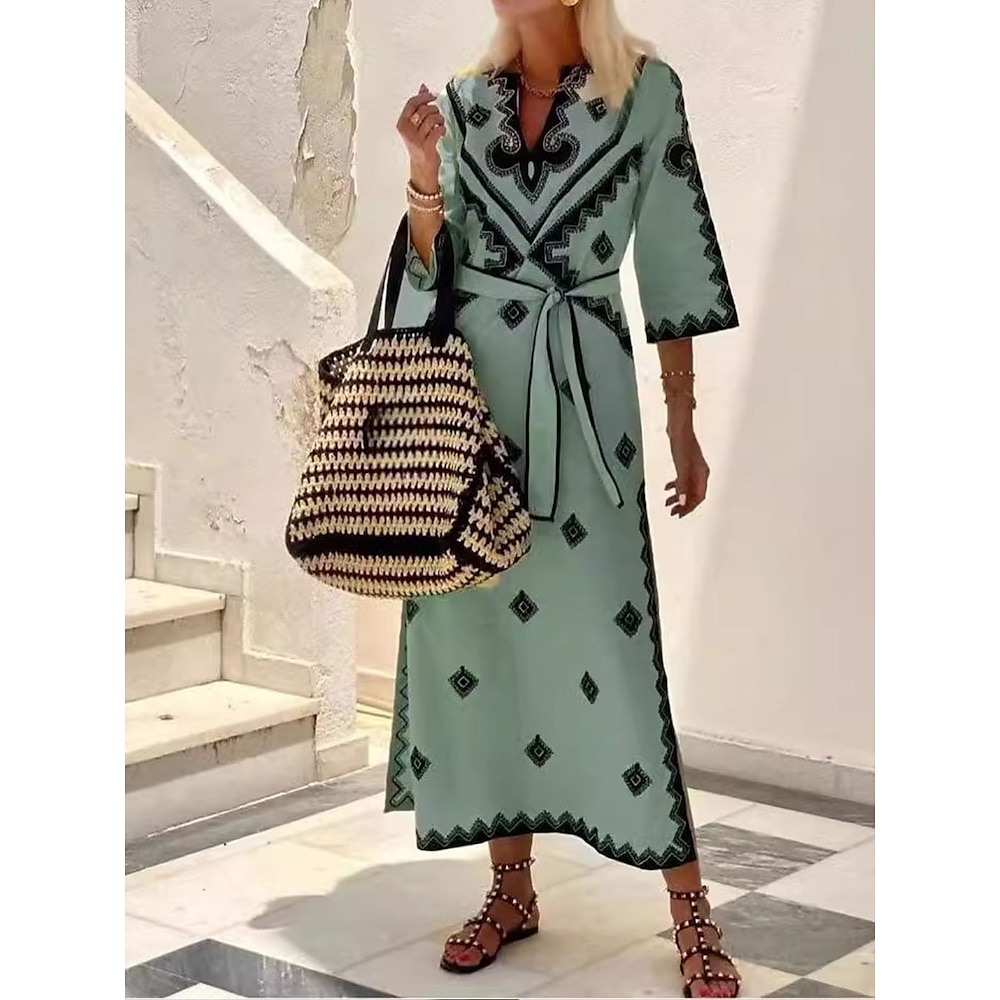 Damen Boho Chic Kleider A Linie Kleid Elegant Böhmen Kuschelig Graphic Maxidress Halbe Ärmel V Ausschnitt Angeschnallt Bedruckt Regular Fit Urlaub Täglich Strand Grün Beige Grau Herbst Winter Lightinthebox