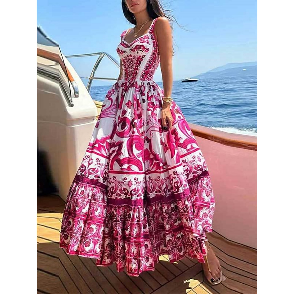 Damen Casual kleid Schaukelkleid A Linie Kleid Boho-Kleid Böhmen Vintage Brautkleider schlicht Blumen kleid lang Ärmellos V Ausschnitt Rückenfrei Bedruckt Regular Fit Urlaub Täglich Purpur Fuchsie Lightinthebox