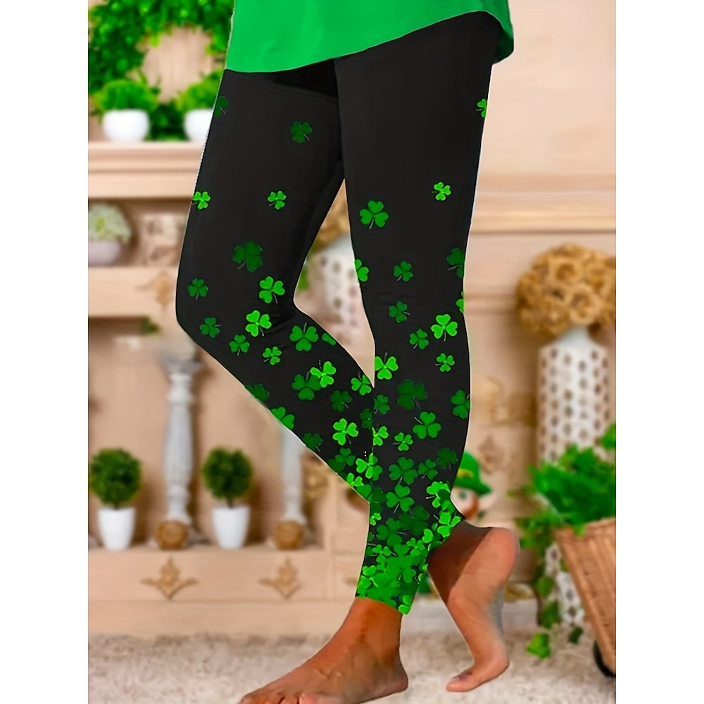 Damen St. Patrick's Day Leggings Kleeblatt volle Länge schwarz Herbst Lightinthebox