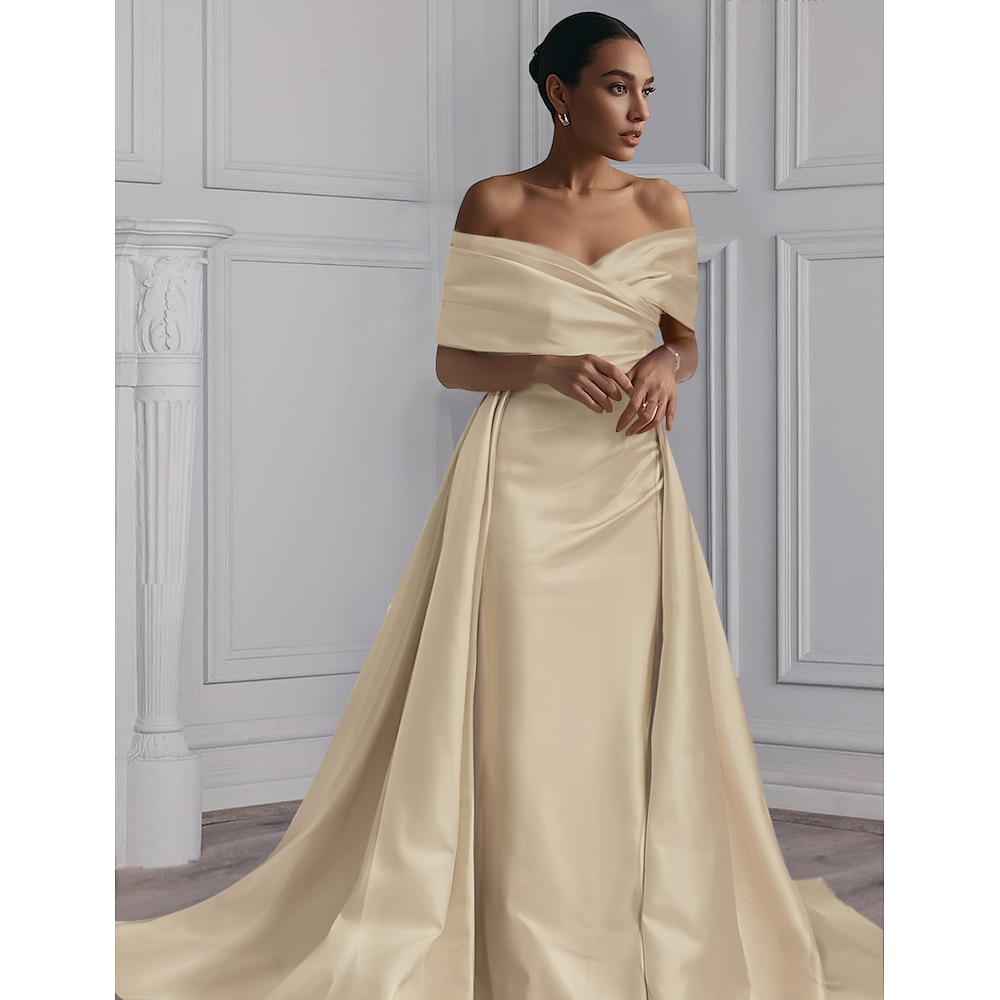 A-Linien-Kleid für die Mutter der Braut, abnehmbarer Rock, elegante Falten, drapiert, formelle Hochzeitsgäste, elegante Party, bodenlang, schulterfreie Ärmel, Satin, einfarbig, 2024 Lightinthebox