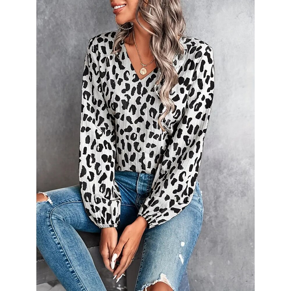 Damen Hemd Bluse Brautkleider schlicht Leopard Normale Oberteile Langarm V Ausschnitt Bedruckt Regular Fit Täglich Schwarz Weiß Grün Herbst Winter Lightinthebox