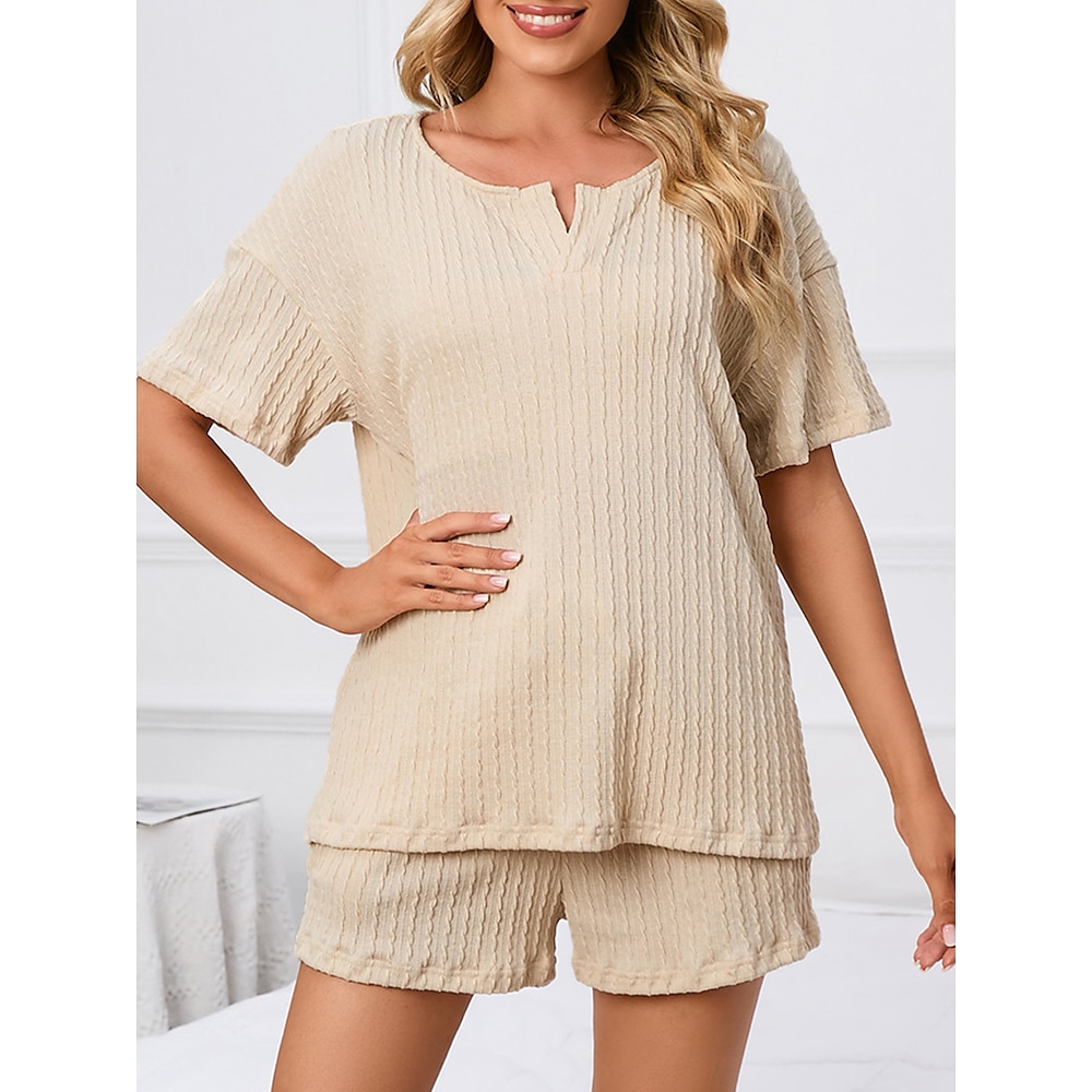 Damen Schlafanzug Hausanzug 2 Stück Brautkleider schlicht Einfarbig Patchwork T Shirt Kurze Hosen Heim Kurzarm V Ausschnitt Schwarz Rosa Beige Sommer Reguläre Passform Lightinthebox