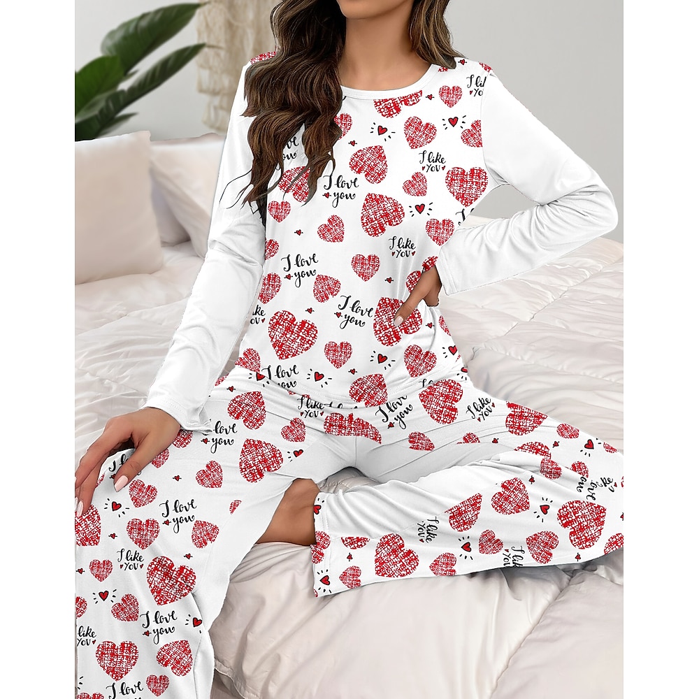 Damen Schlafanzug Set Brautkleider schlicht Komfort Herz T Shirt Hose Heim Valentinstag Täglich Langarm Rundhalsausschnitt Weiß Frühling Herbst Winter Lightinthebox