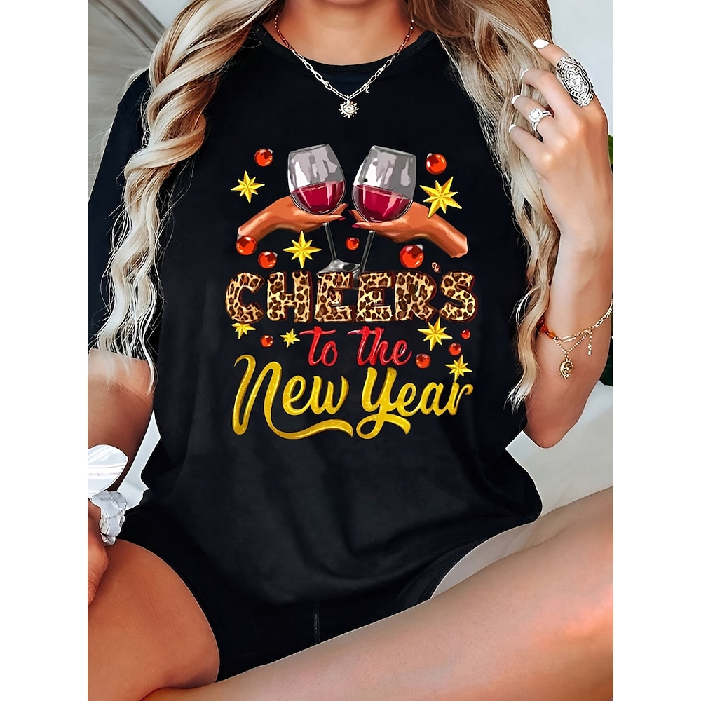 Damen T Shirt Brautkleider schlicht Buchstabe Normale Oberteile Kurzarm Rundhalsausschnitt Bedruckt Regular Fit Neujahr Täglich Schwarz Sommer Lightinthebox