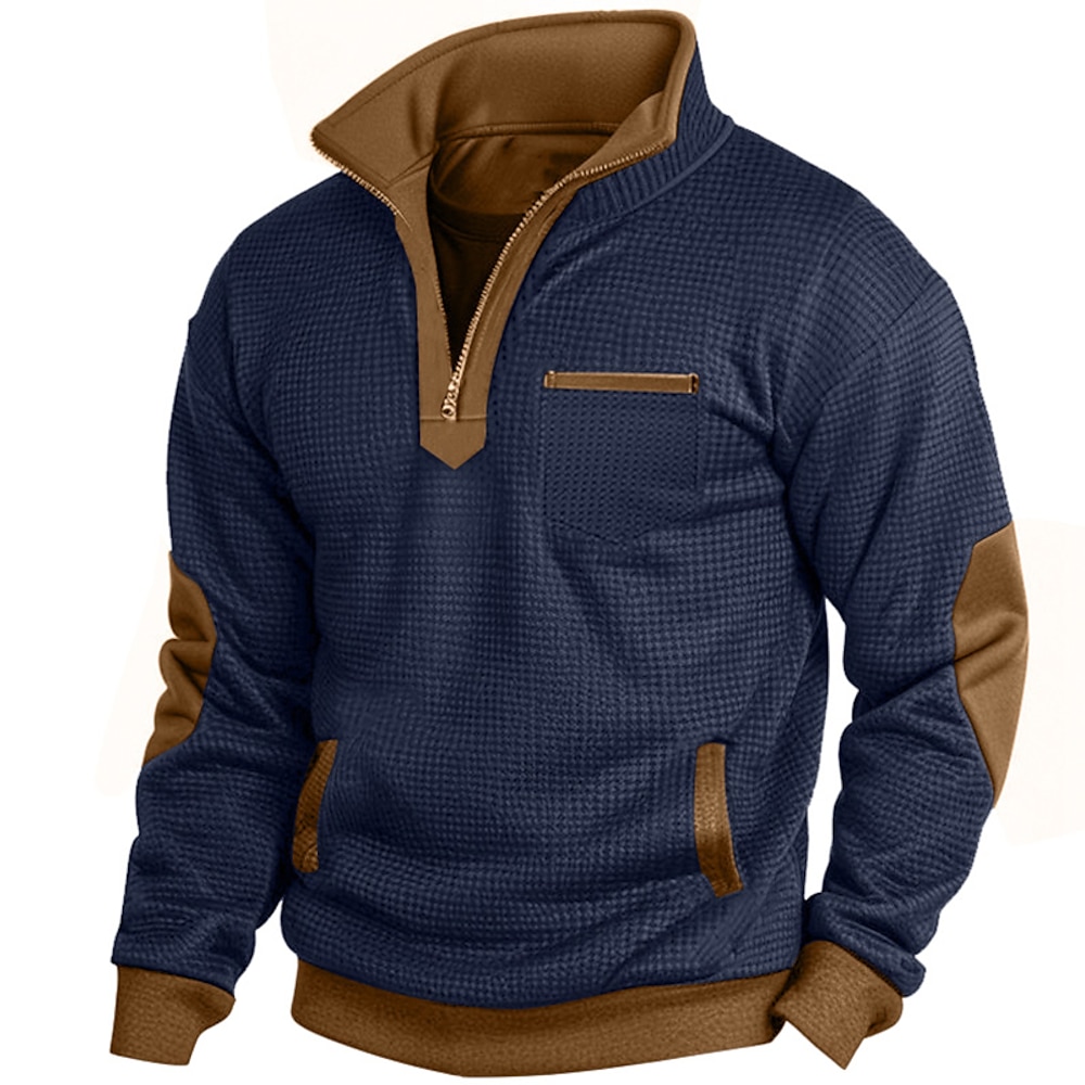 Herren Waffel-Sweatshirt Zip Up Sweatshirt Zur Seite fahren Schwarz Marineblau Troyer Halber Reißverschluss Glatt Tasche Arbeit Sport Natur Casual Polyester Aktiv Vintage Cool Frühling Herbst Lightinthebox