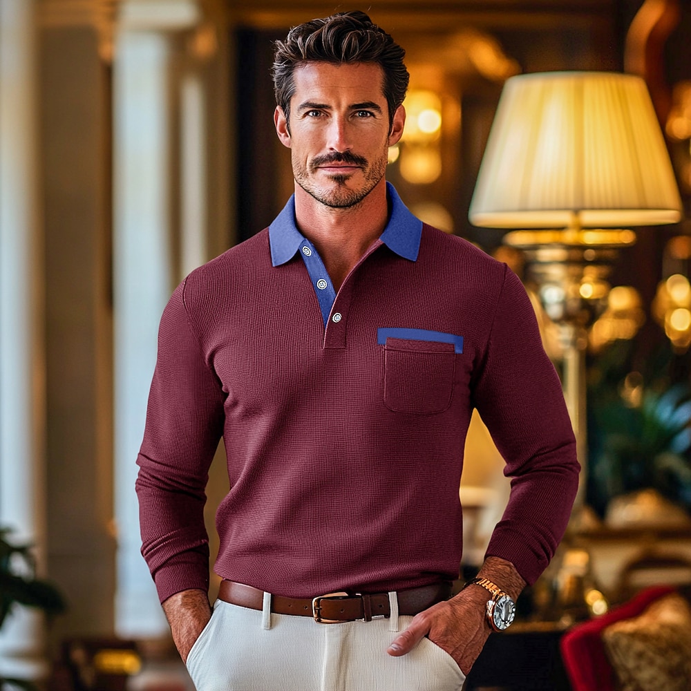 Herren Poloshirts zum Suchbegriff: Waffel Poloshirts Formal Geschäft Kargen Klassisch Langarm Modisch Basic Feste Farbe Patchwork Knopf Frühling Herbst Regular Fit Dunkelgrau Schwarz Wei Lightinthebox