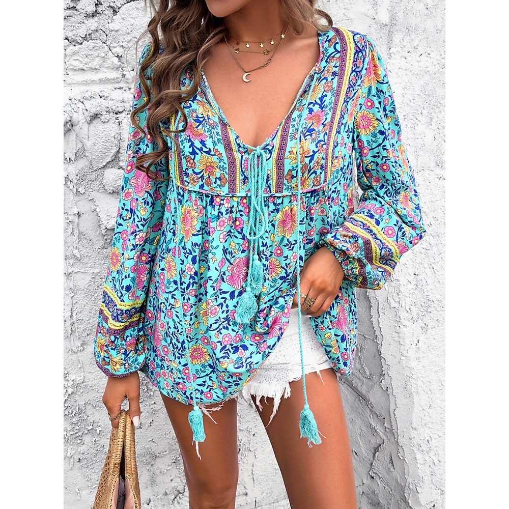 Damen Hemd Bluse Aktiv Brautkleider schlicht Blumen Normale Oberteile Langarm V Ausschnitt Vorne binden Bedruckt Regular Fit Täglich Blau Frühling Herbst Lightinthebox