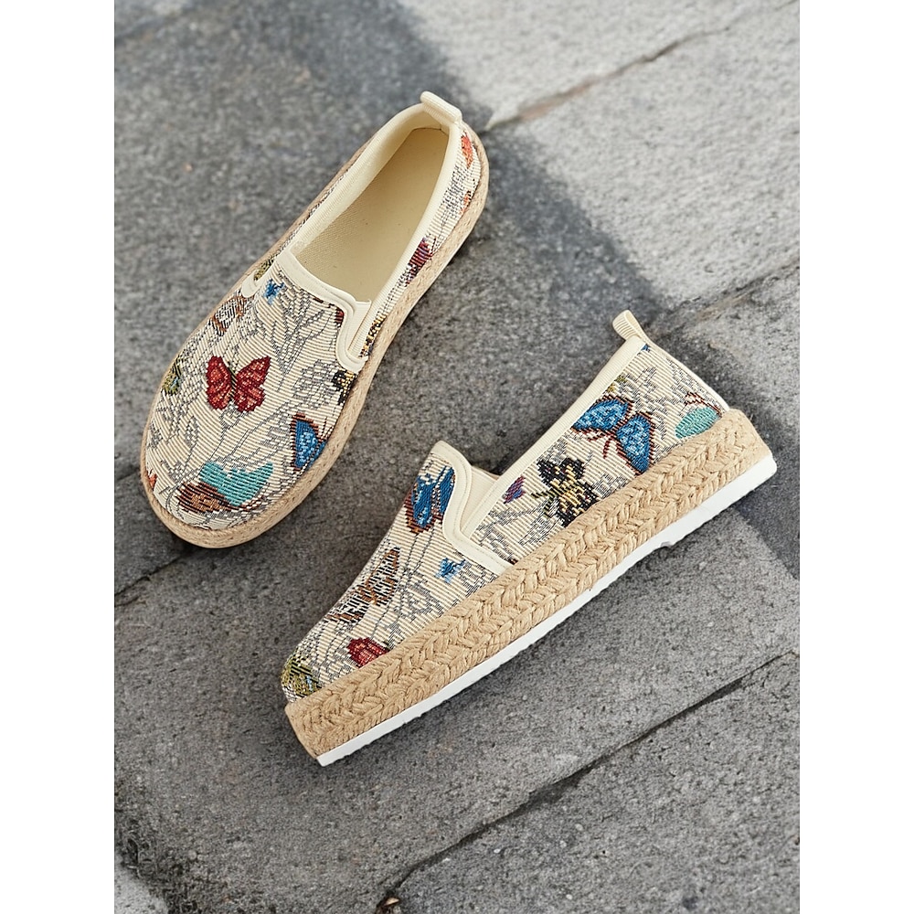 Espadrilles-Schuhe im Boho-Stil zum Hineinschlüpfen mit Schmetterlingsstickerei für Damen - lässige Sommer-Flats für den Alltag und auf Reisen Lightinthebox