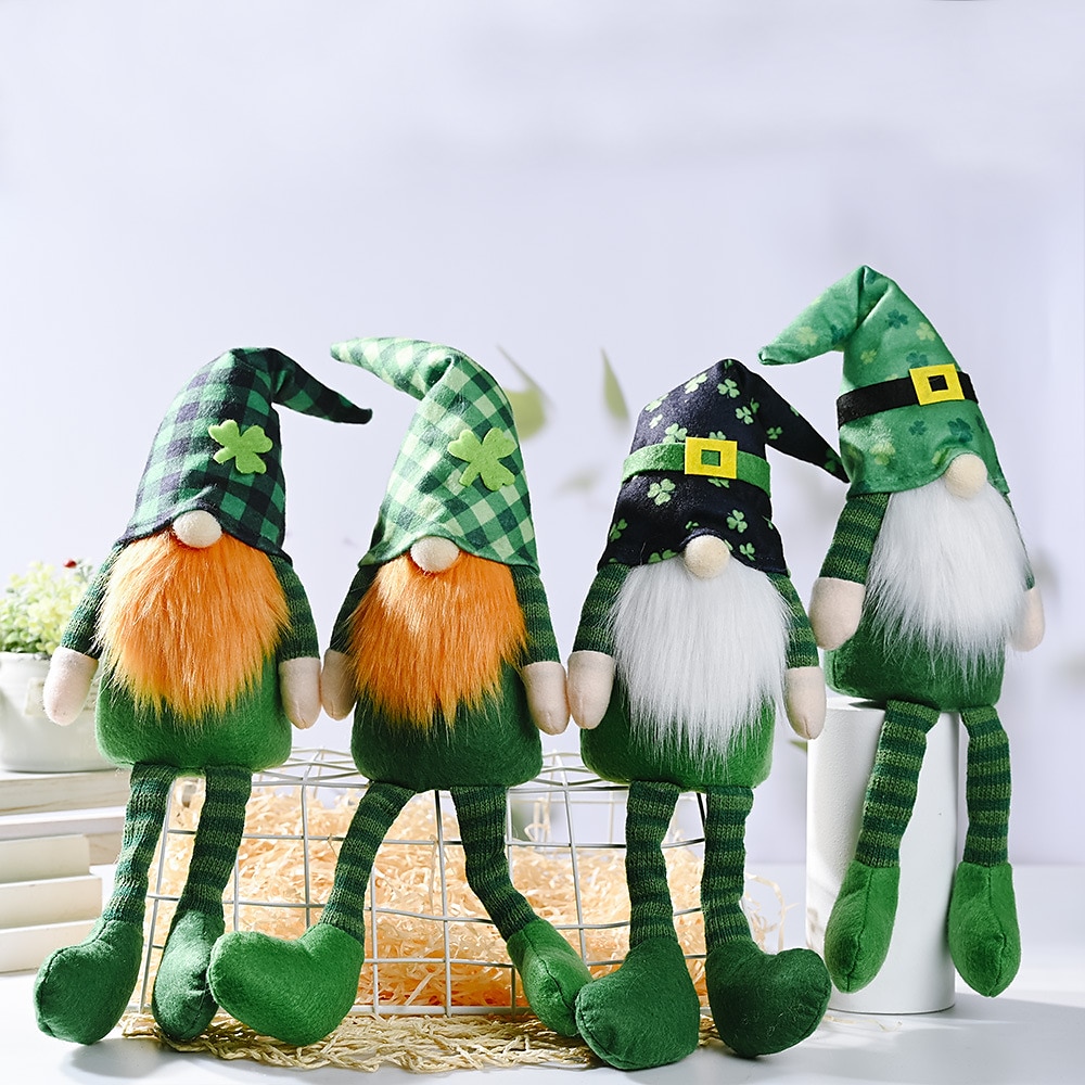 Plüschzwerge mit Beinen zum St. Patrick's Day, irische Rudolph-Puppe ohne Gesicht mit grünem Blatt, kreative Figur mit hängenden Beinen als Feiertagsdekoration Lightinthebox