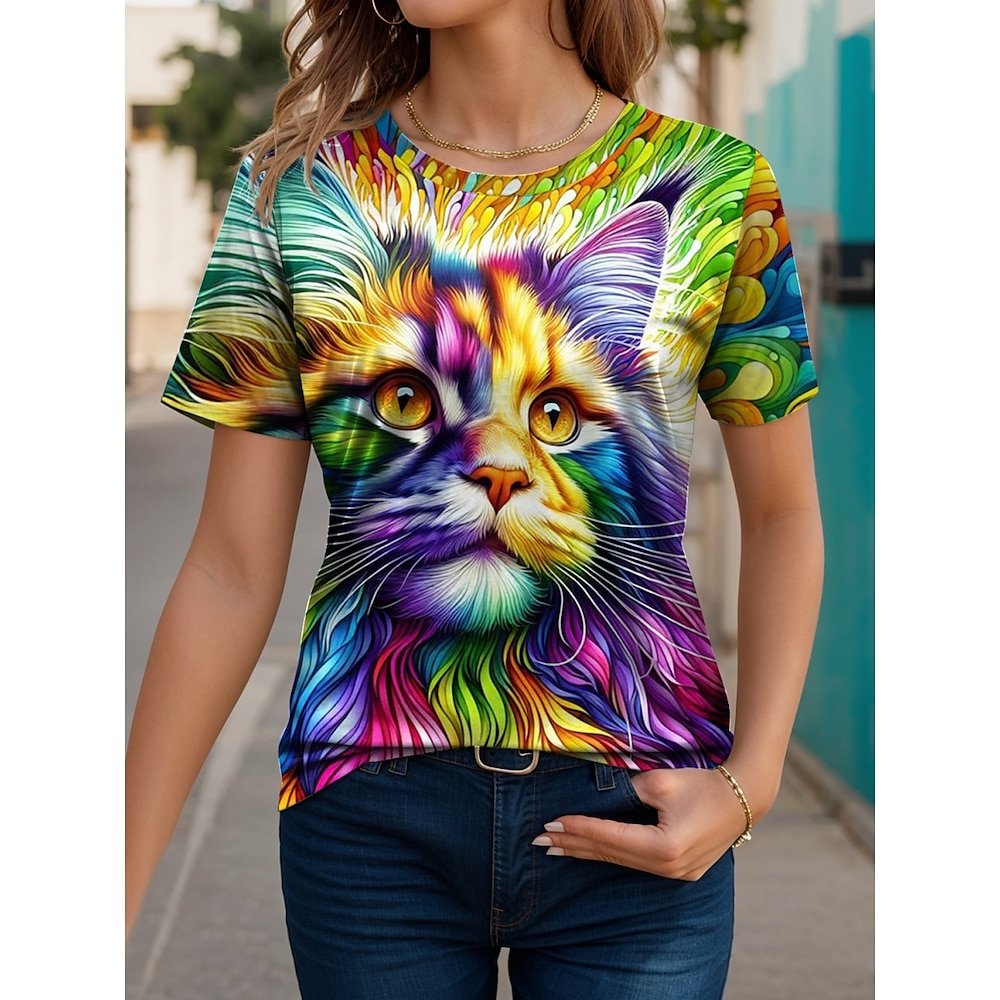 Damen T Shirt Brautkleider schlicht Katze Normale Oberteile Kurzarm Rundhalsausschnitt Bedruckt Regular Fit Täglich Grün Sommer Lightinthebox