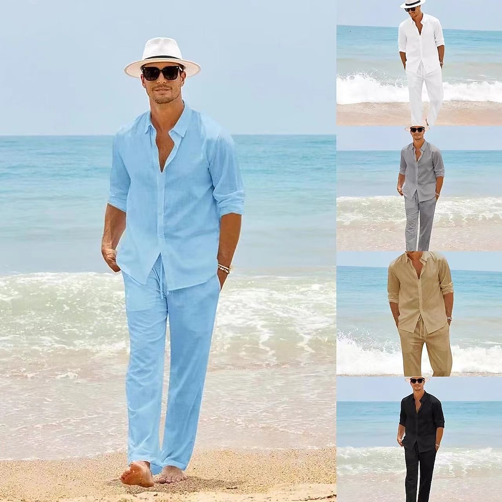 Herren 2 Stück Hemden-Set Sommerhemd Strandhemd Knopfhemd Glatt Urlaub Casual Schwarz Weiß Blau Khaki Langarm Kragen Frühling Sommer Bekleidung Lightinthebox