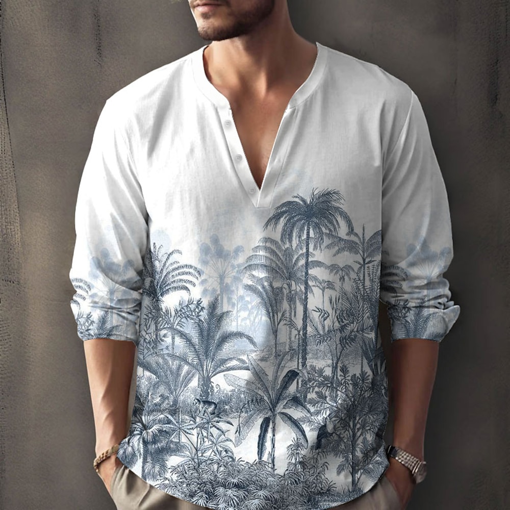 Herren Kokusnuss-Palme Lässiges Hemd Aloha-Shirt Langarm Hawaiianisch Resort Casual Sommer Frühling V Ausschnitt V-Ausschnitt Weiß Lightinthebox