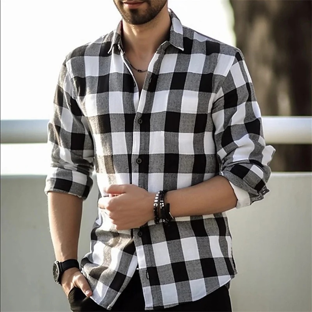 Herren Kariertes Hemd trachtenhemd Knopfhemd Schwarz Gelb Rote Purpur Dunkelblau Langarm Plaid Kargen Urlaub Casual Schnalle Bekleidung Polyester Modisch Lightinthebox