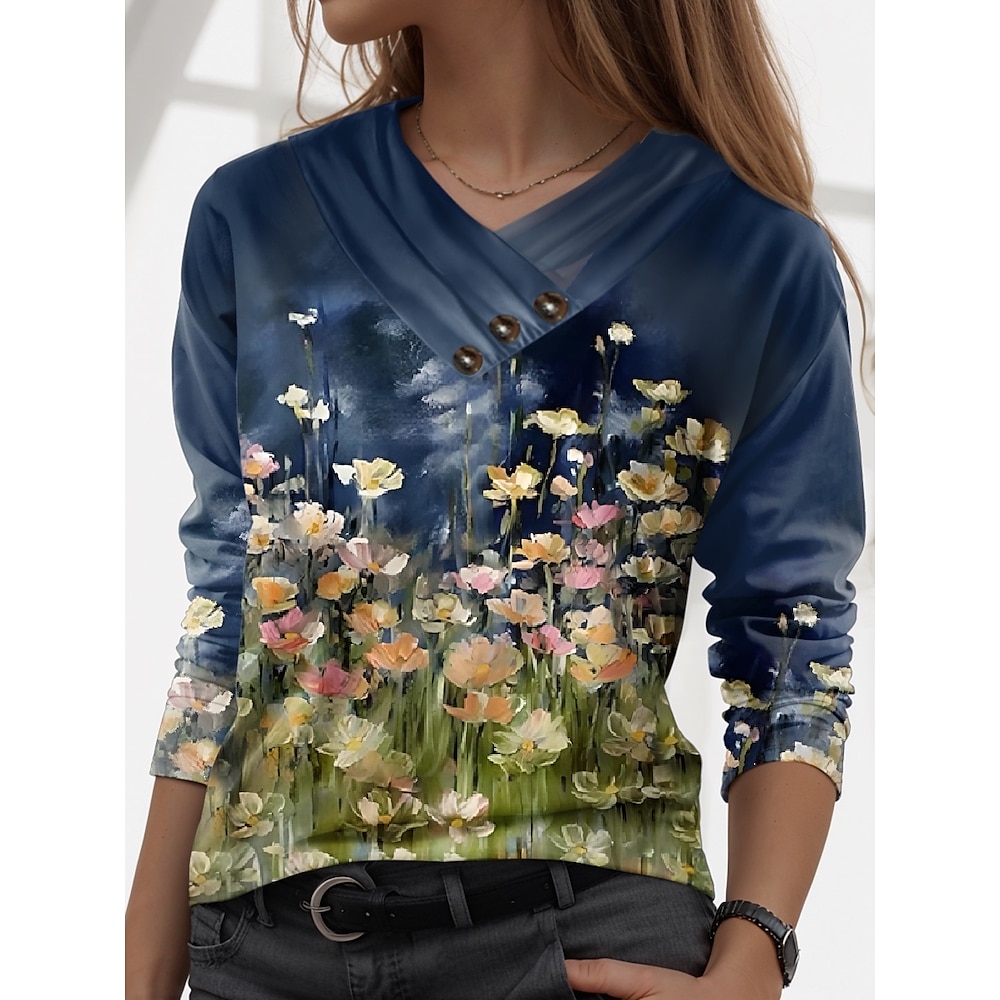 Damen T Shirt Stilvoll Brautkleider schlicht Blumen Normale Oberteile Langarm V Ausschnitt Knopf Bedruckt Regular Fit Täglich Blau Herbst Winter Lightinthebox