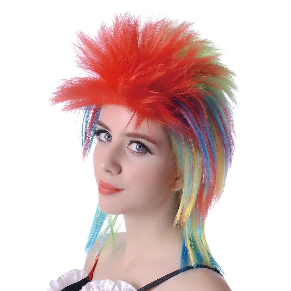 kurze Stachelperücke, glatte, synthetische, bunte Afroperücken, stachelige Vokuhila-Perücken für Frauen, lustige Regenbogen-Rocker-Punk-Kostüme, Haare für den Karneval Lightinthebox