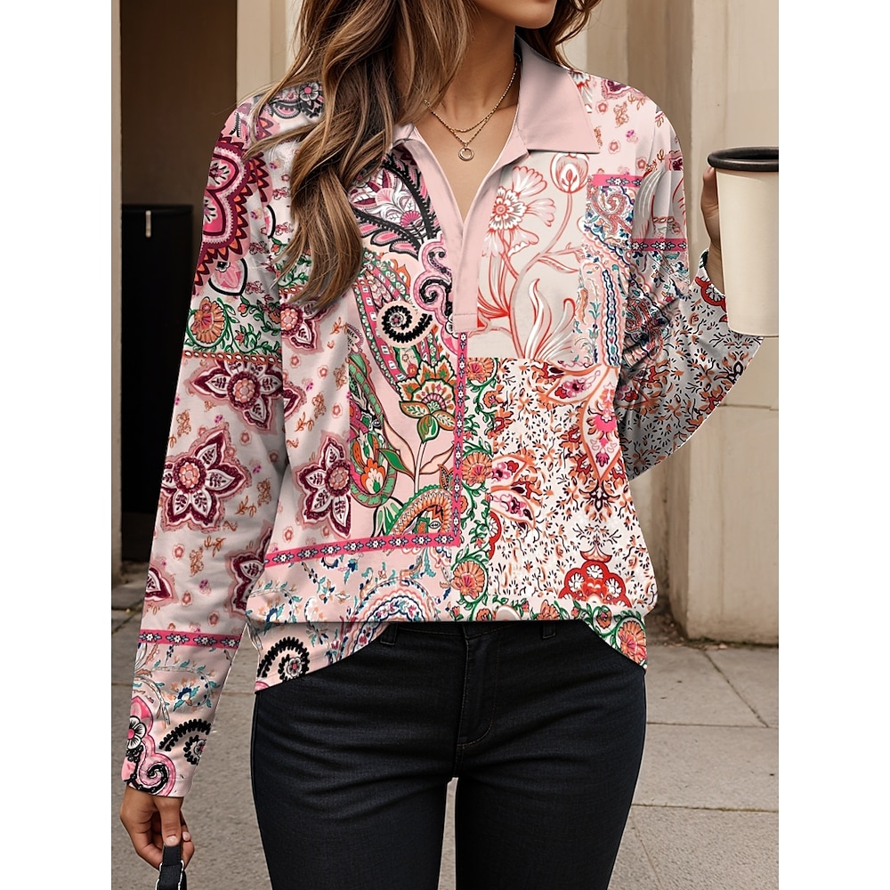 Damen T Shirt Brautkleider schlicht Paisley-Muster Normale Oberteile Langarm Gekerbter Hals Bedruckt Regular Fit Täglich Rosa Frühling Herbst Lightinthebox