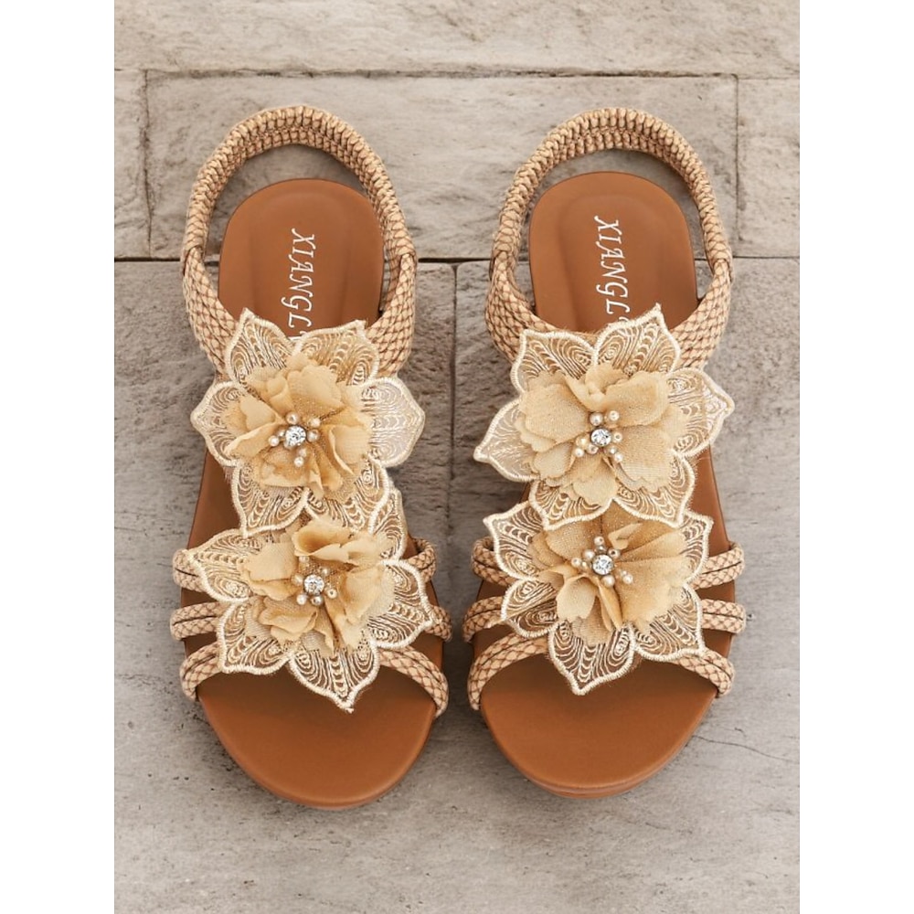 braune gewebte Keilsandalen im Bohème-Stil für Damen mit floralen Verzierungen - bequeme Sommersandalen für den Strand und Freizeitausflüge Lightinthebox