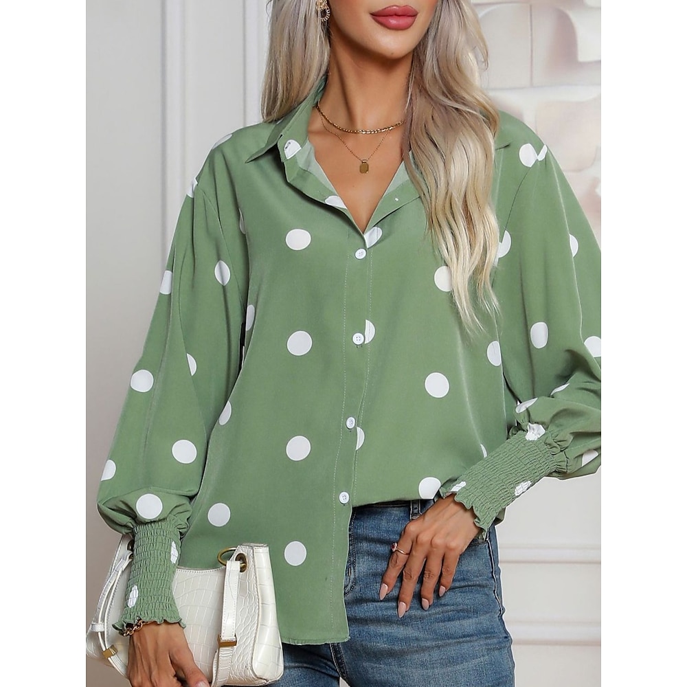 Damen Hemd Bluse Elegant Täglich Brautkleider schlicht Punkt Normale Oberteile Langarm Hemdkragen Knopf Lockere Passform Arbeit Täglich Festtage Grün Sommer Frühling Lightinthebox