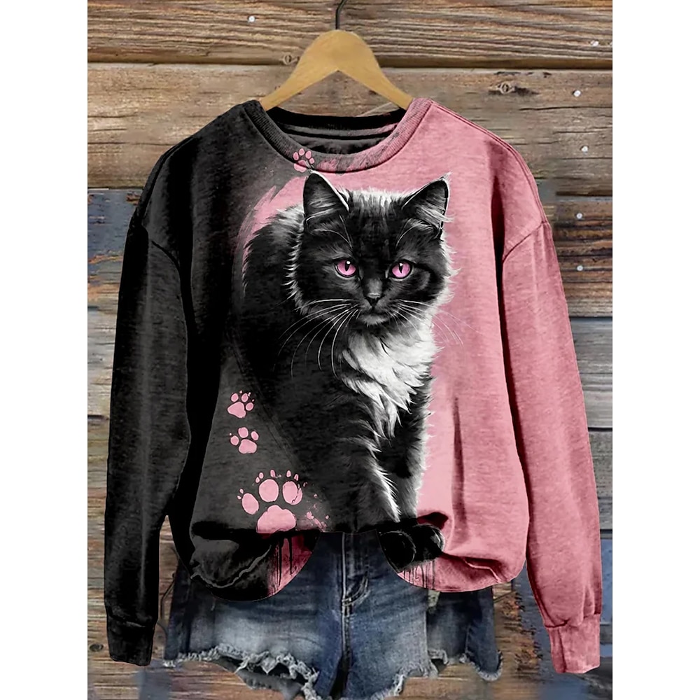 Damen Zur Seite fahren Brautkleider schlicht Polyester Katze Kapuzenpullover Bedruckt Langarm Rosa Herbst Winter Lightinthebox