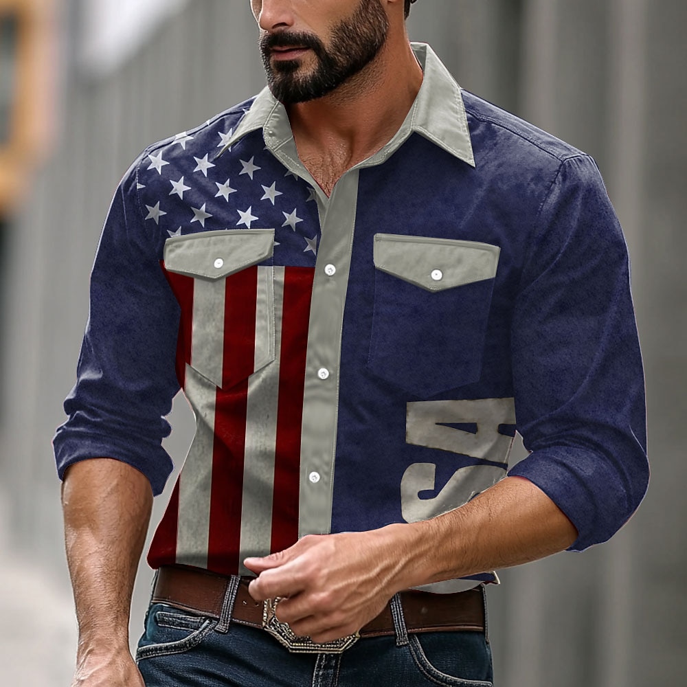 Herren Amerikanische US-Flagge Lässiges Hemd Westernhemd Langarm Western Modisch lässig Normal Casual Frühling Herbst Umlegekragen Knopf hoch 2 Taschen Marineblau Lightinthebox