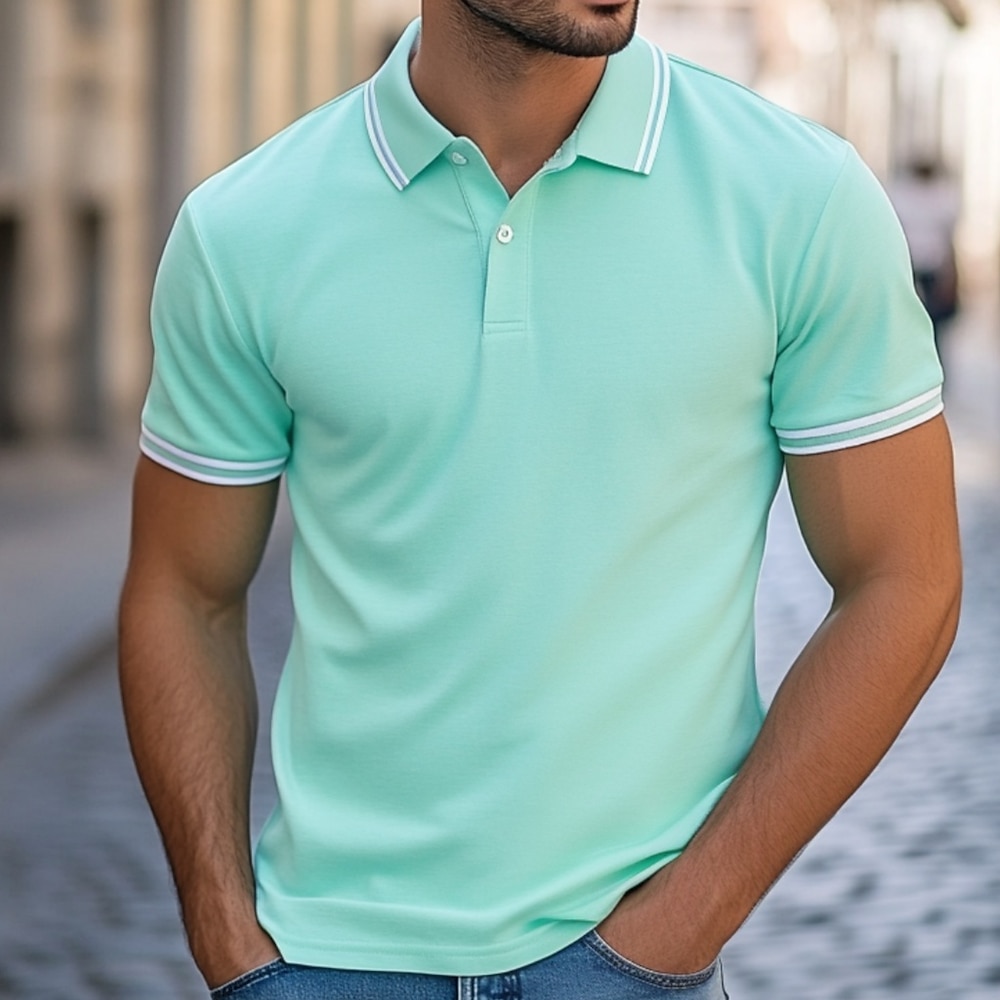 Herren Poloshirts Golfhemd Arbeit Casual Kargen Gerippter Polokragen Kurzarm Basic Modern Farbblock Patchwork Knopf Frühling Sommer Regular Fit Minzgrün Poloshirts Lightinthebox