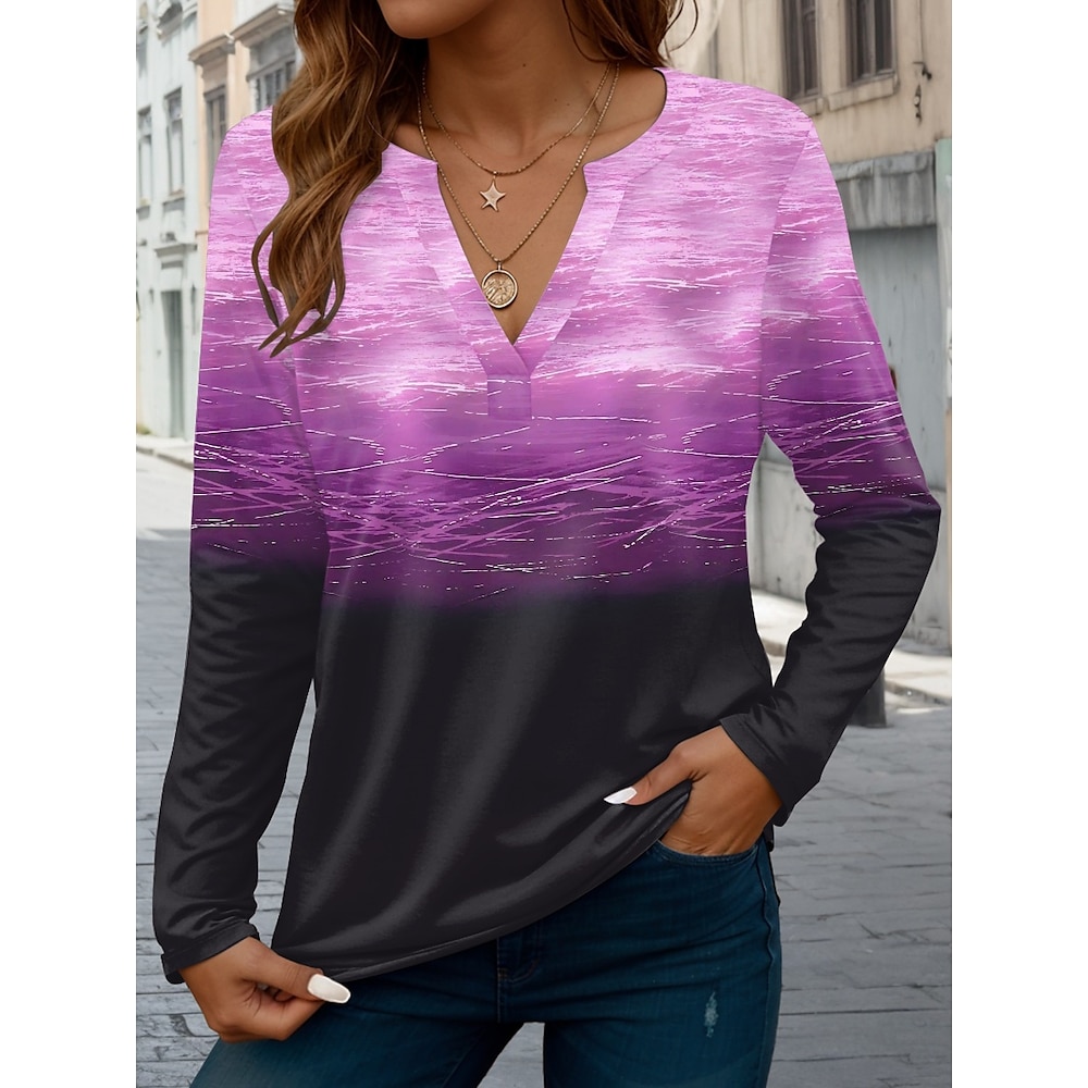 Damen T Shirt Brautkleider schlicht Farbverlauf Normale Oberteile Langarm Gekerbter Hals Knopf Bedruckt Regular Fit Urlaub Täglich Purpur Frühling Herbst Lightinthebox