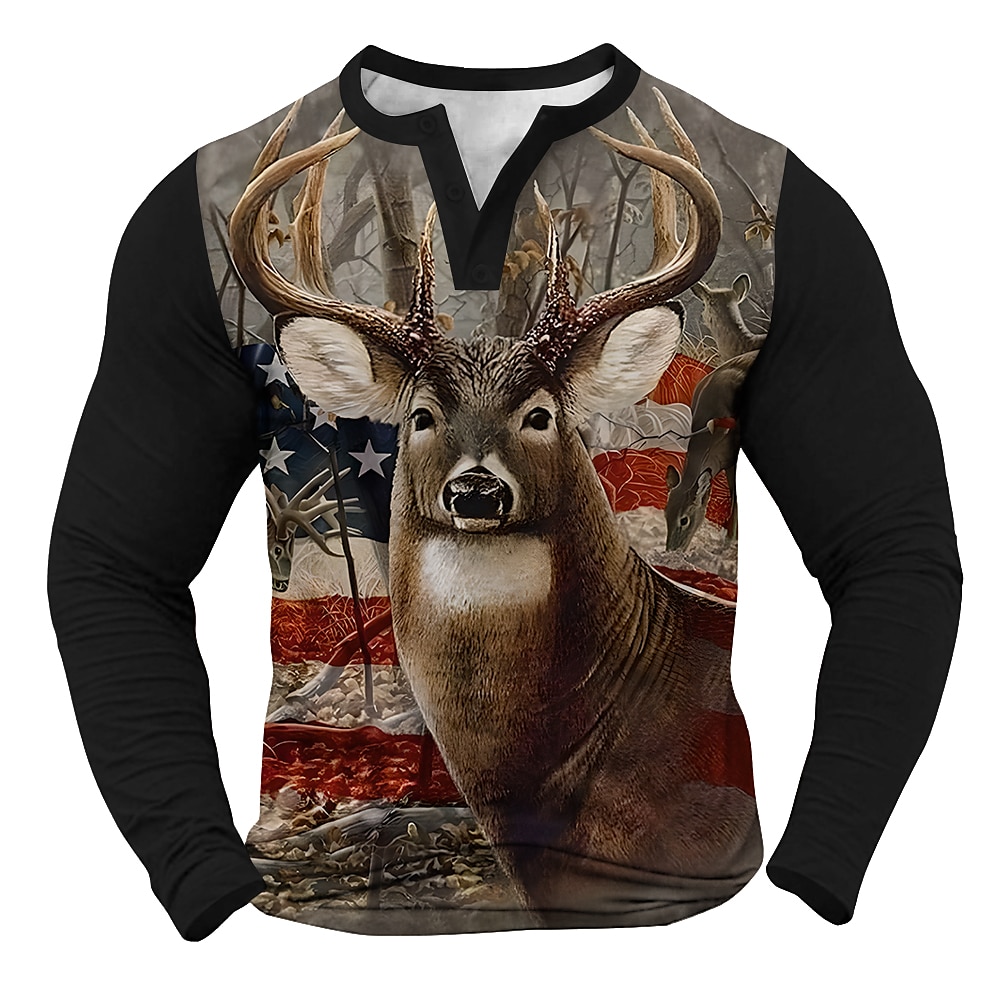 Herren Graphic Rentier Hirsch Henley Shirt Langarm Modisch Kuschelig Täglich Casual Festtage Ausgehen Frühling Herbst Schwarz Grün Burgunderrot Khaki Henley Henley T-Shirt Lightinthebox