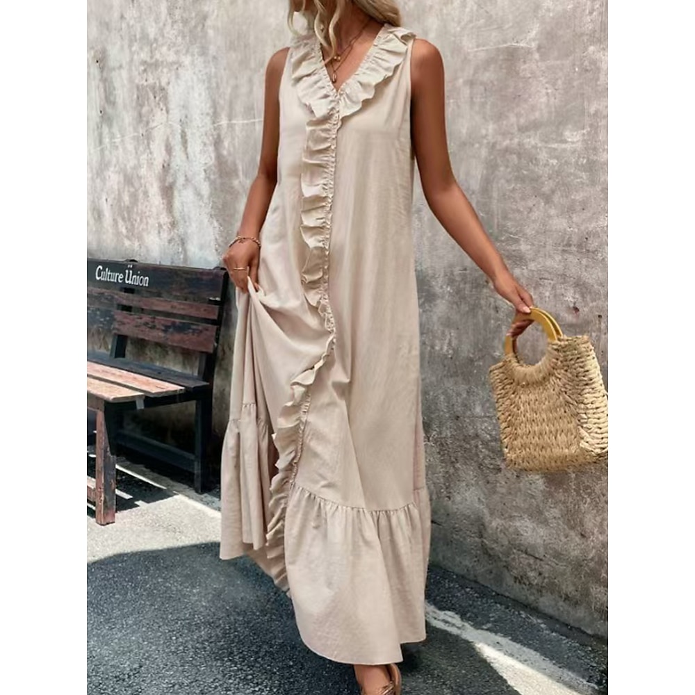 Damen Normal Casual kleid Baumwoll-Leinenkleid Hawaiianisch Brautkleider schlicht Glatt Maxidress Ärmellos V Ausschnitt Rüsche Regular Fit Urlaub Verabredung Khaki Sommer Lightinthebox