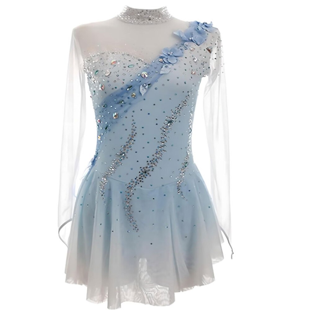 Eiskunstlaufkleid Damen Mädchen Eislaufkleid Himmelblau Hohe Elastizität Training Wettkampf Eislaufbekleidung Klassisch Kristall/Strass Langarm Eislaufen Eiskunstlauf Lightinthebox