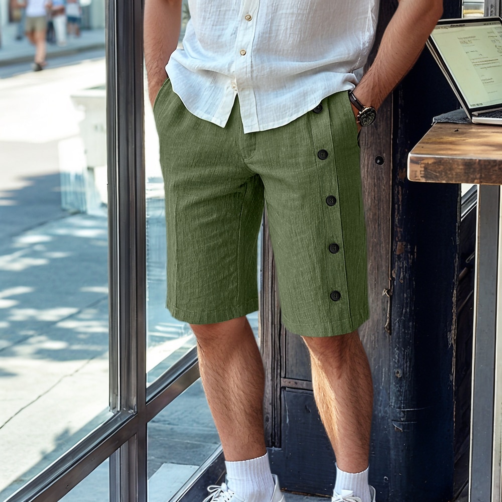 Herren Leinenshorts Kurze Hosen Sommer-Shorts Bermudas Knopf Tasche Gerade geschnitten Glatt Komfort Atmungsaktiv Kurz Geschäft Designer Stilvoll Weiß Armeegrün Lightinthebox