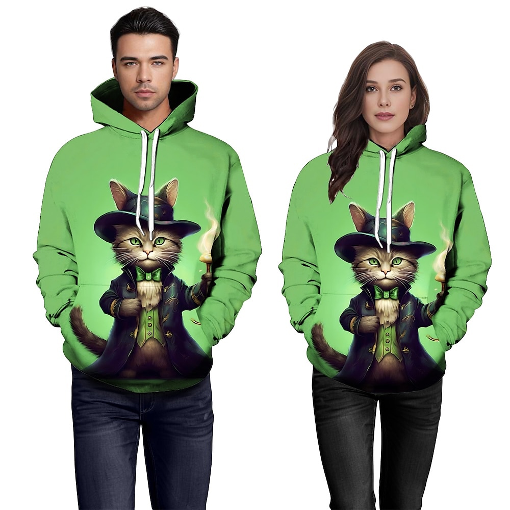 St. Patrick's Day Katze Kleeblatt irisch Kapuzenshirt 3D Glücksklee Vordertasche Grafik Für Paar Herren Damen Erwachsene St. Patrick's Day 3D-Druck Party Casual Lightinthebox