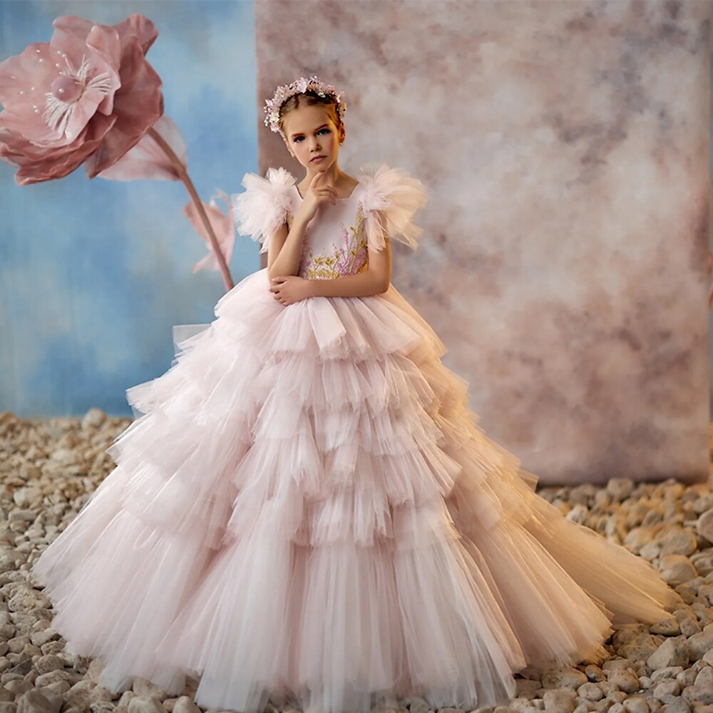 kinderkleidung Mädchen Kleid für die Erstkommunion Party Kleid Feste Farbe Ärmellos Langarm Leistung Gitter Prinzessin Süß Gitter Mitte der Wade Etuikleid Tüll-Kleid Sommer Frühling Herbst Kinder Rosa Lightinthebox