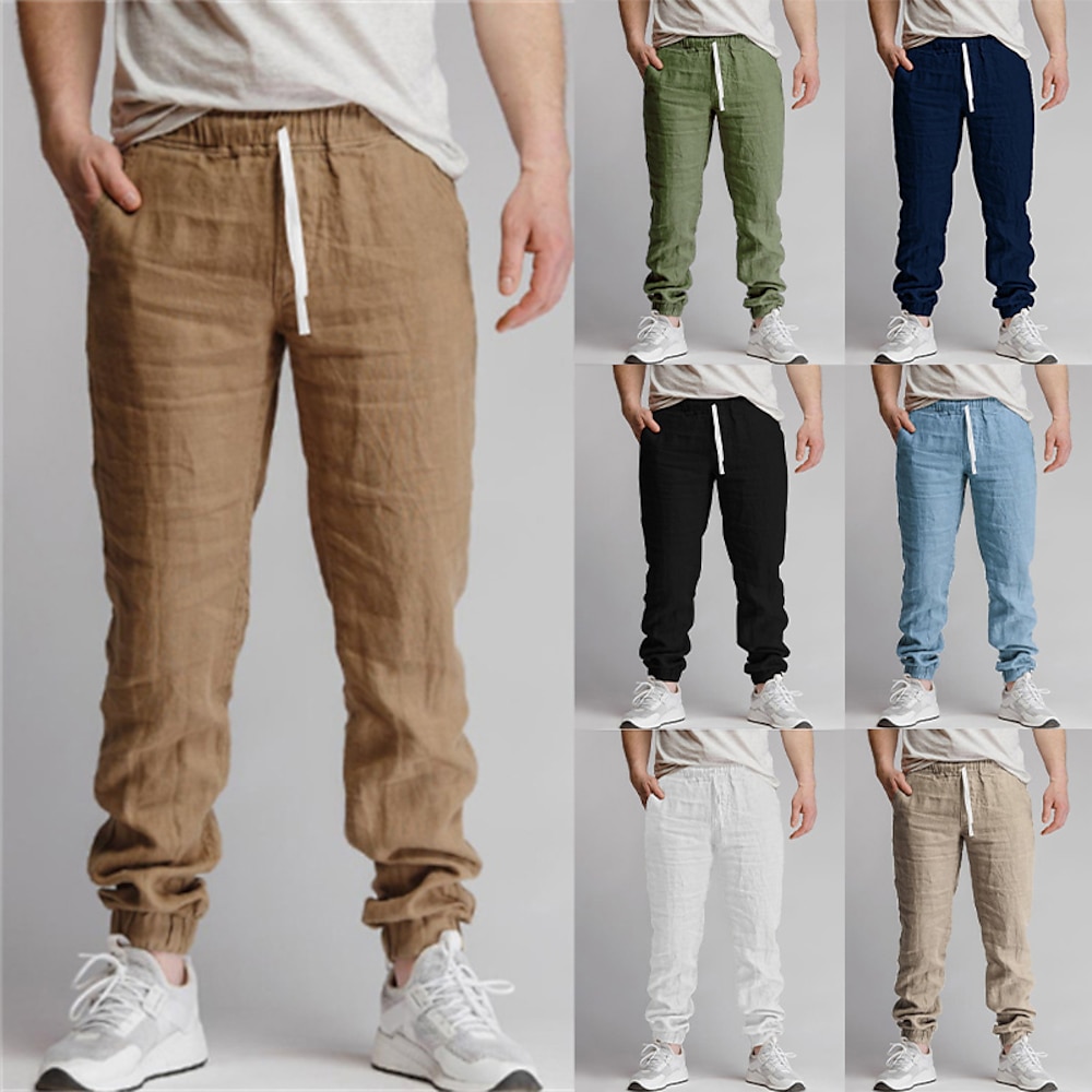 Herren Jogginghose Jogger Leinenhose Hose Hosen Sommerhosen Tasche Kordelzug Elastische Taille Glatt Komfort Atmungsaktiv In voller Länge Outdoor Casual Täglich Modisch Klassicher Stil Schwarz Weiß Lightinthebox