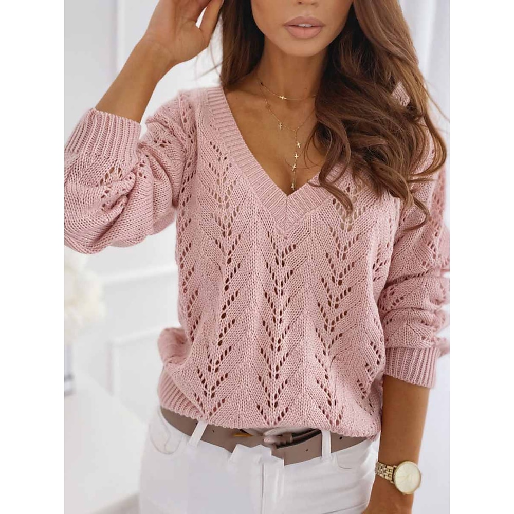 Damen Pullover Brautkleider schlicht Weich Einfarbig Gerippt V Ausschnitt Ausgehöhlt Strick Langarm Normale Oberteile Stricken Outdoor Täglich Wochenende Weiß Rosa Herbst Winter Lightinthebox