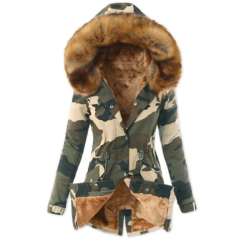 Damen Fleecejacke Teddy-Mantel Hoodie Jacke warm halten Atmungsaktiv Knopf Tasche Bedruckt Innenfutter aus Fleece Brautkleider schlicht camuflaje Urlaub Strasse Freizeitskleidung Ausgehen Einreihiger Lightinthebox