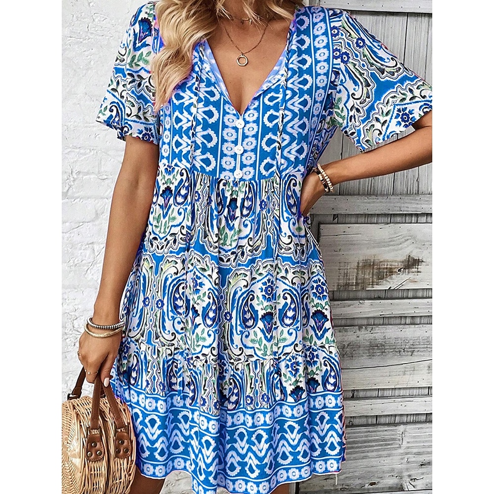 Damen Casual kleid Boho Chic Kleider Böhmen Kuschelig Ethnisch Blumen Graphic Minikleid Kurzarm V Ausschnitt Knopf Bedruckt Lockere Passform Urlaub Täglich Strand Blau Orange Sommer Frühling Lightinthebox