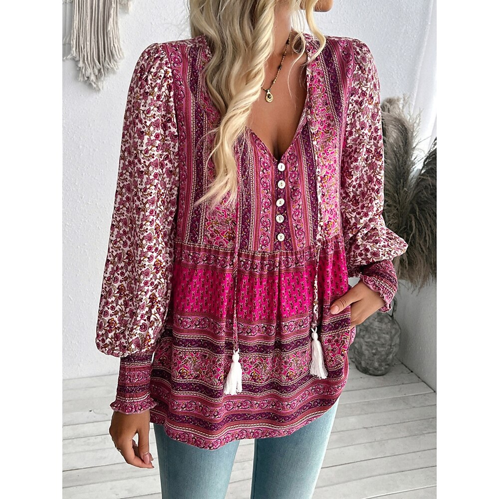 Damen Hemd Bluse Böhmen Brautkleider schlicht Blumen Normale Oberteile Langarm V Ausschnitt Bedruckt Regular Fit Täglich Blau Fuchsie Frühling Herbst Lightinthebox