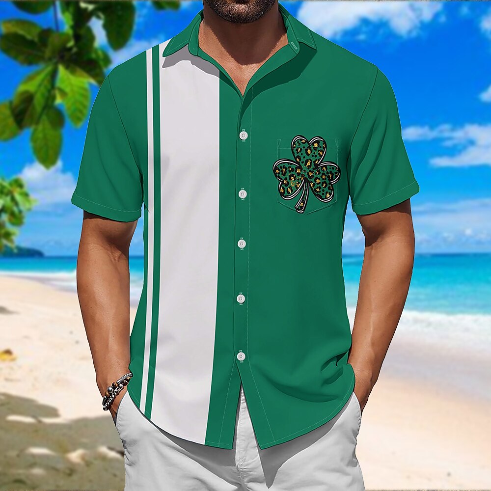 St. Patrick Herren Farbblock Clover Bowling-Shirt Kurze Ärmel Künstlerisch Brautkleider schlicht Komfortabel Outdoor Urlaub Strasse Frühling Sommer Hemdkragen Print Grün Lightinthebox