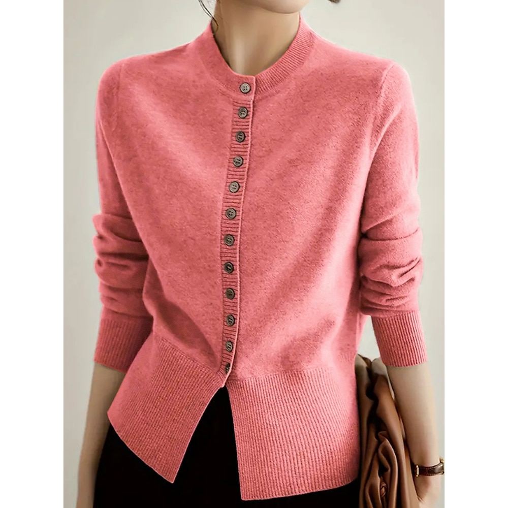 Damen Pullover Strickjacke Ständer Gerippt Stricken Polyester Knopf Strick Herbst Winter Standard Outdoor Täglich Wochenende Brautkleider schlicht Weich Langarm Einfarbig Rosa Kamel S M L Lightinthebox