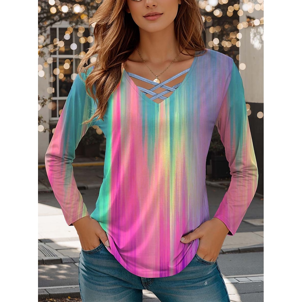 Damen T Shirt Brautkleider schlicht Farbverlauf Normale Oberteile Langarm V Ausschnitt Ausgeschnitten Bedruckt Regular Fit Täglich Rosa Frühling Herbst Lightinthebox