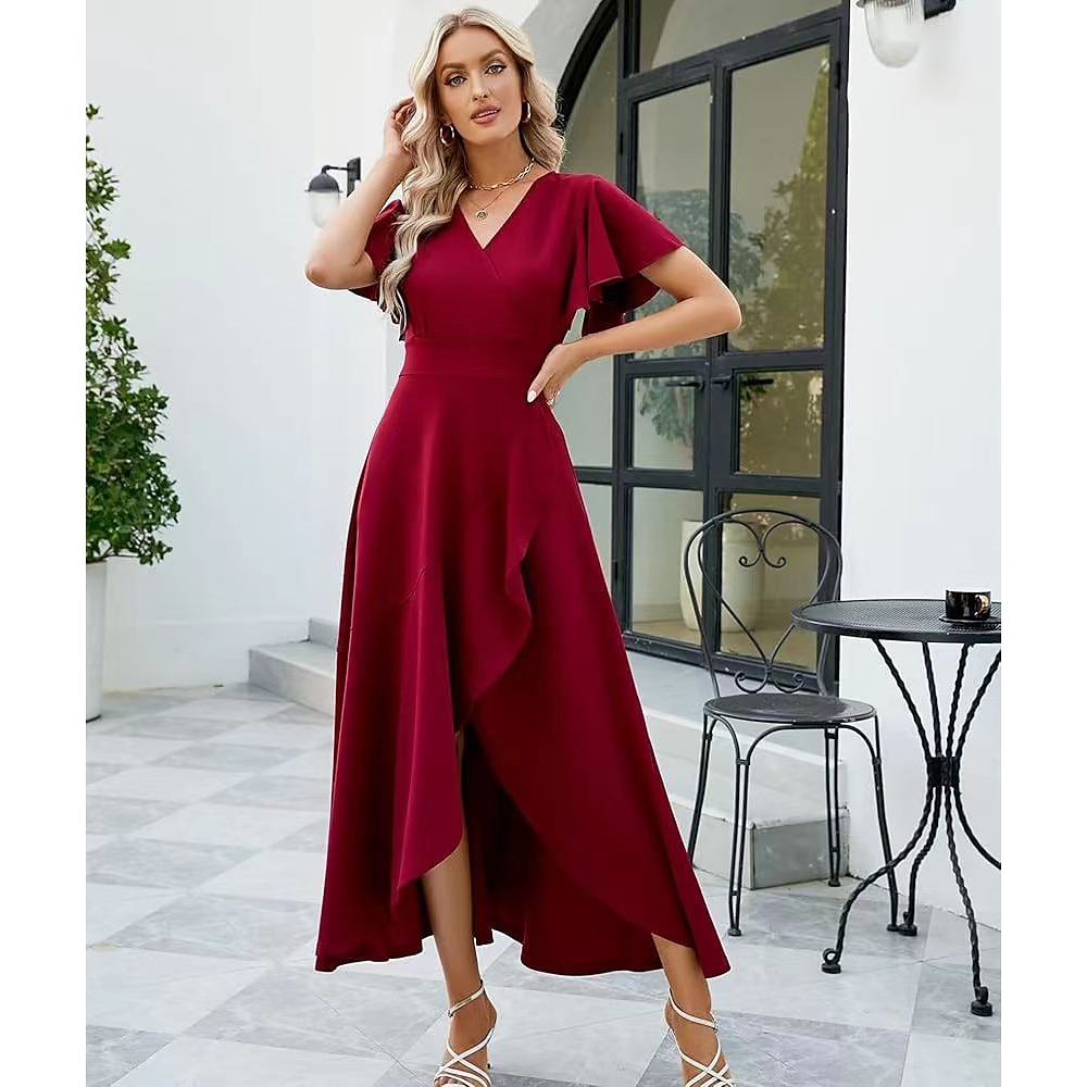 TS A-Linien-Kleid für die Mutter der Braut, elegantes schwarzes Partykleid mit V-Ausschnitt, knöchellang, italienischer Satin, kurze Ärmel mit kaskadierenden Rüschen, 2024 Lightinthebox