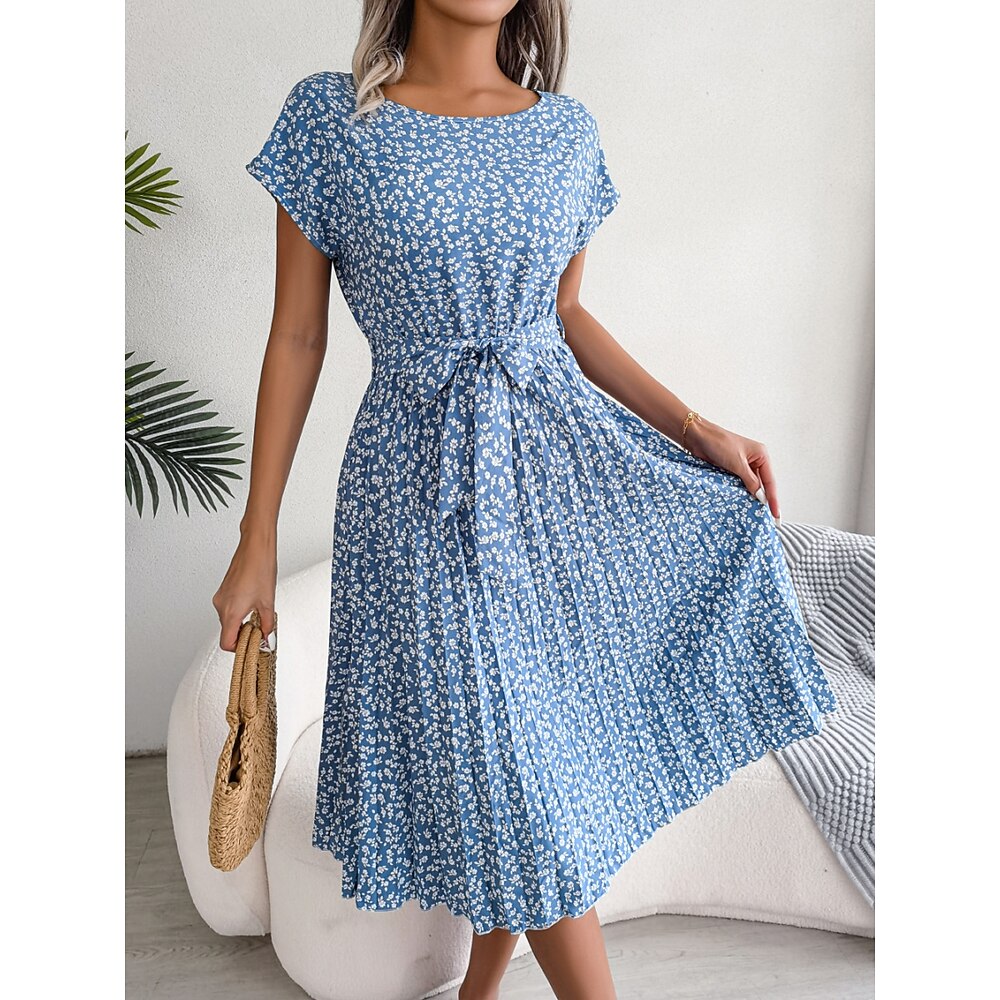 Damen Casual kleid A Linie Kleid Stilvoll Brautkleider schlicht Blumen Midikleid Kurzarm Rundhalsausschnitt Vorne binden Bedruckt Regular Fit Urlaub Täglich Rosa Leicht Blau Sommer Frühling Lightinthebox