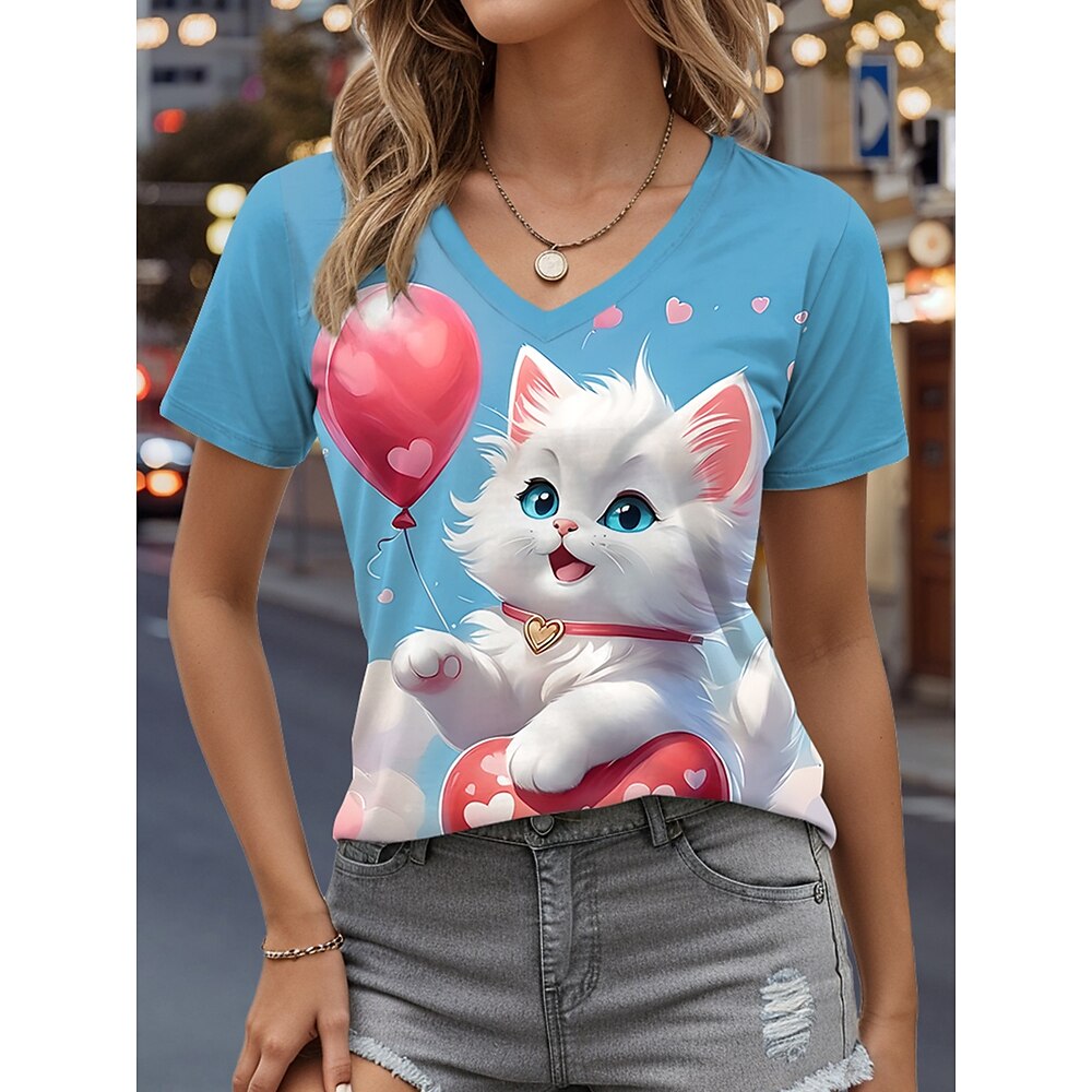 Damen T Shirt Stilvoll Brautkleider schlicht Herz Katze Normale Oberteile Kurzarm V Ausschnitt Bedruckt Regular Fit Täglich Blau Sommer Lightinthebox